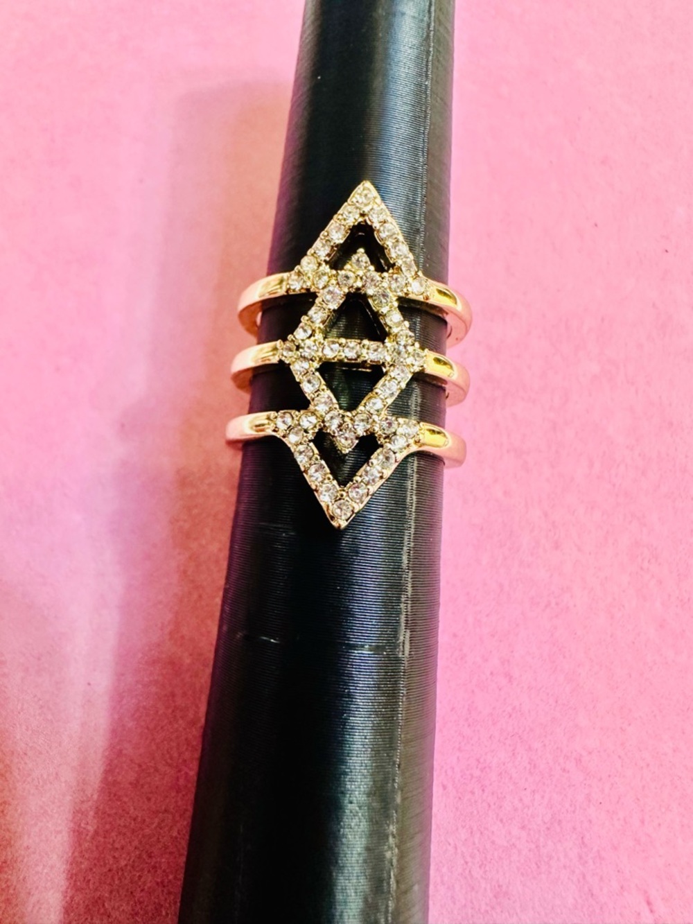 Gold Tone Geometric Rhinestone Adjustable Ring - Picture 3 of 3